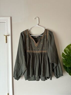 Olive Embroidered Peasant Blouse - Women Tops